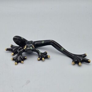 Golden Pond Porcelain Stretching Frog Figurine Black Green Glossy Frogman Style